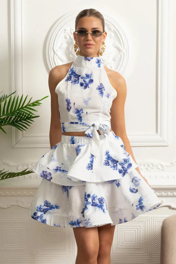 Conjunto – Top Estampado Sem Mangas  + Saia Curta Plissada de Cintura Alta