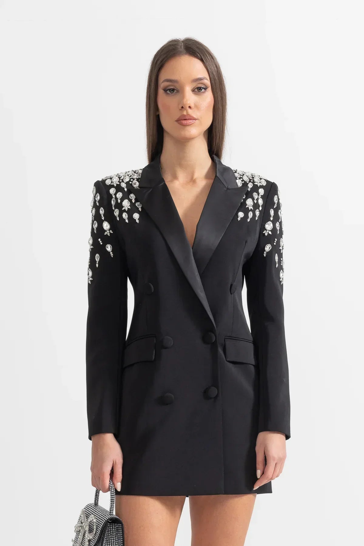 Blazer Longo com Botões Duplos e Aplique de Pedrarias – Bordado à Mão