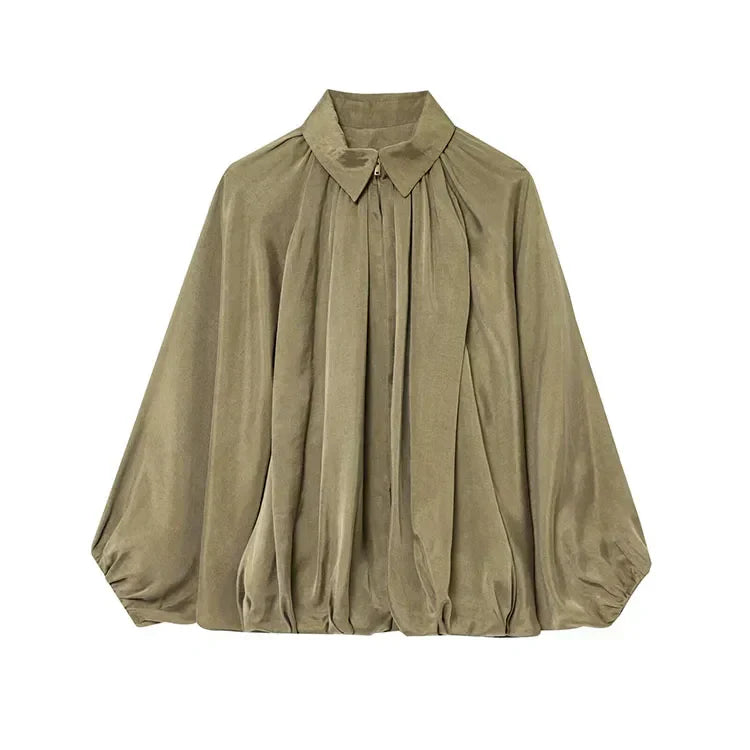 Jaqueta Bomber em Cetim Leve – Zíper Frontal e Detalhe Plissado, Casual e Elegante