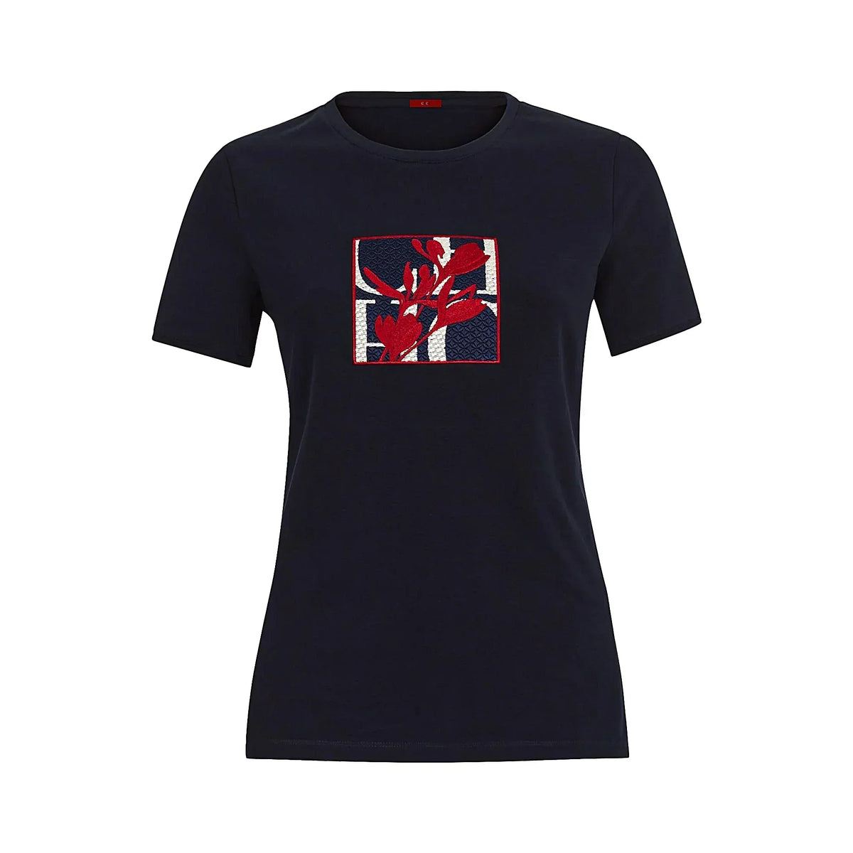 Camiseta – Manga Curta, Decote Redondo, Algodão, Bordado Floral, Casual e Confortável